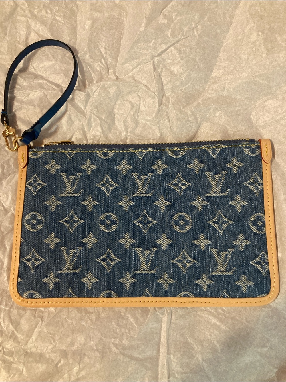 Louis Vuitton Denim Monogram Wristlet in Blue with Tan Trim